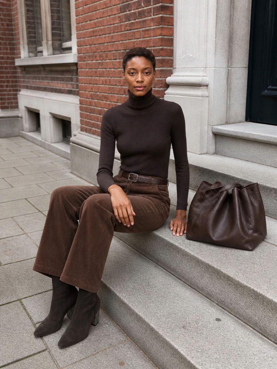 Brunello cucinelli brown turtleneck wide leg outfit