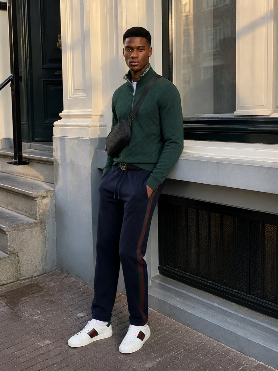 Gucci green track jacket navy joggers white sneakers