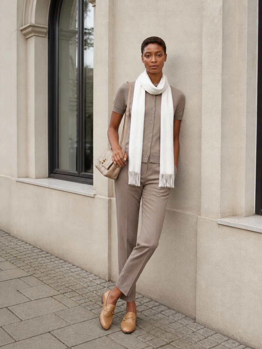 A warm taupe and camel palette keeps this outfit calm and precise, with the short-sleeve knit neatly meeting slim tailored trousers for a clean, unbroken line. Camel loafers and a nude shoulder bag quietly echo the tones, giving a soft, composed finish that moves easily from desk to weekend. The ivory scarf introduces just enough lightness at the neckline to keep all those neutrals feeling fresh rather than flat.