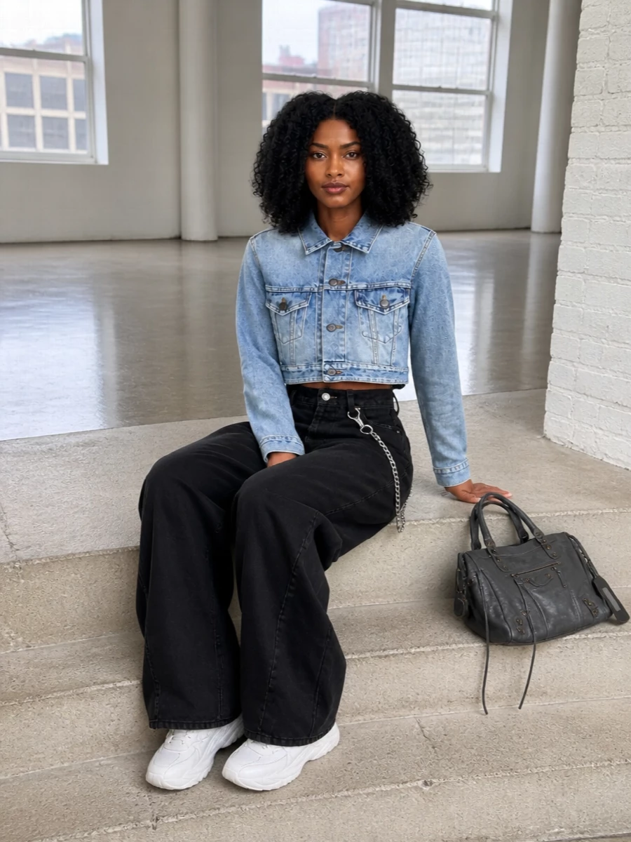 Balenciaga cropped denim jacket black wide leg jeans