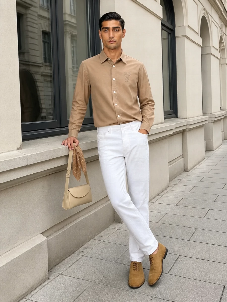 Camel on soft white keeps this outfit calm and precise, with the clean shirt and straight-leg denim reading smart without skewing formal. Suede lace-ups and a slim buttercream shoulder bag lean into a polished, city-ready take on preppy neutrals. The small camel-print scarf is a quiet detail that connects all the tones without feeling fussy.