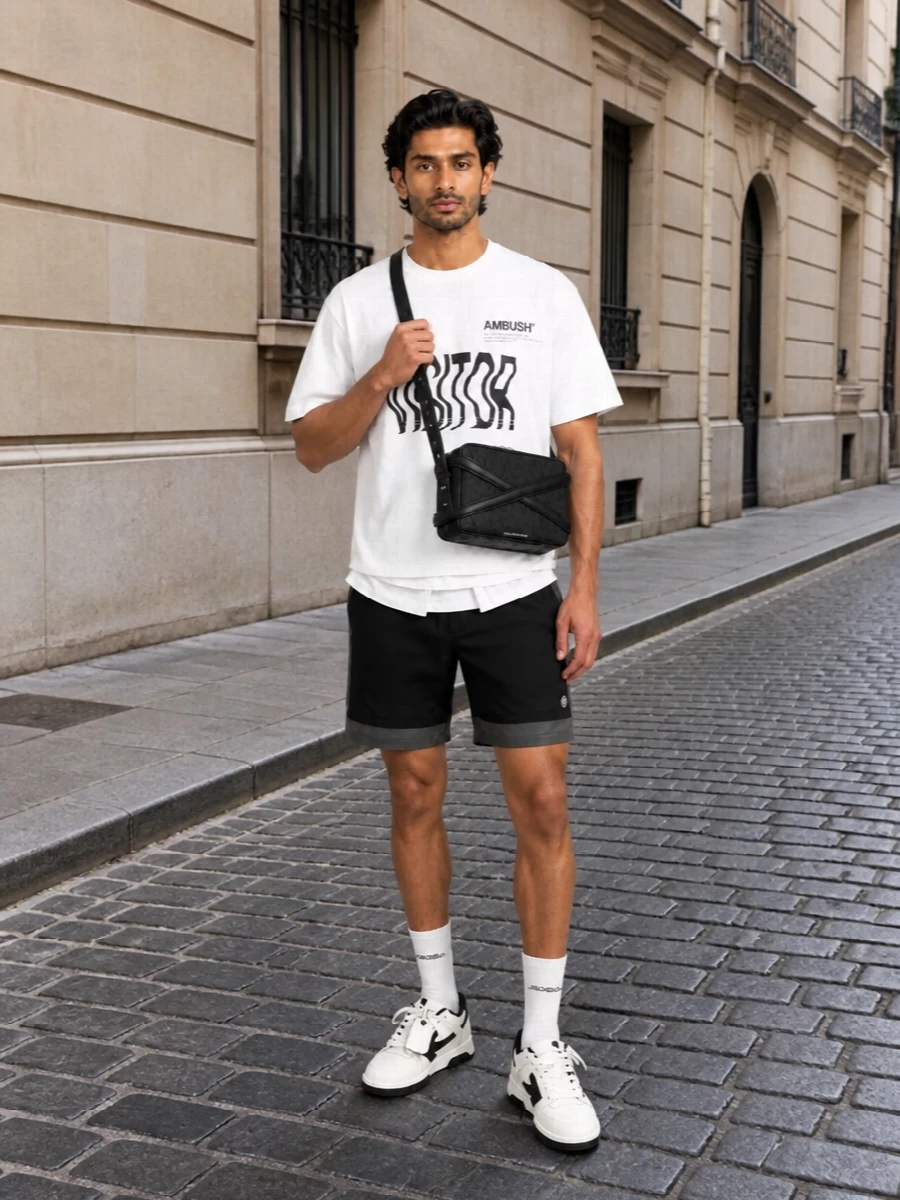 Ambush graphic tee black shorts off white sneakers