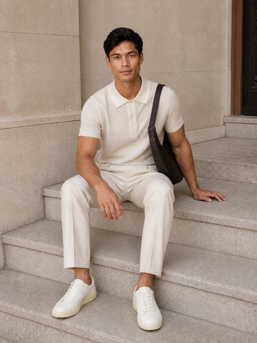 Tom ford cream polo pleated trousers outfit