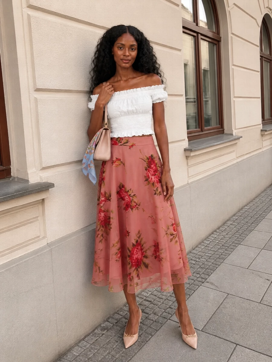 Dolce gabbana floral midi skirt outfit blush pink