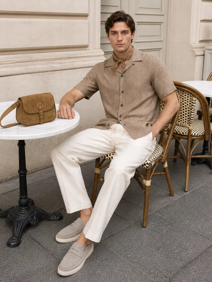 A camel camp shirt with ivory trousers creates a calm, sun‑washed base that feels relaxed but still sharply considered. Taupe suede loafers and a camel suede bag deepen the neutral story without adding weight. A small camel square at the neck or pocket gives just enough detail while preserving the quiet, tailored ease.