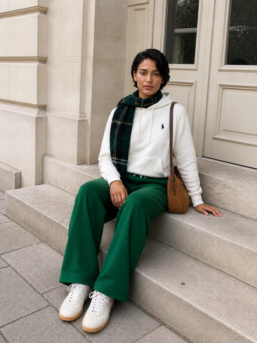 Polo ralph lauren green sweatpants cream hoodie outfit