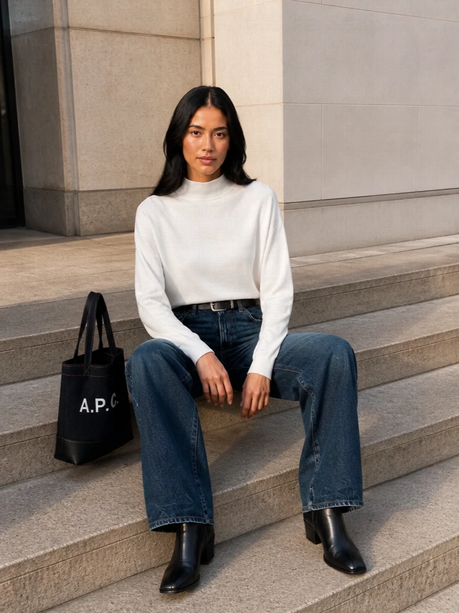 Haikure wide leg jeans white knit ankle boots