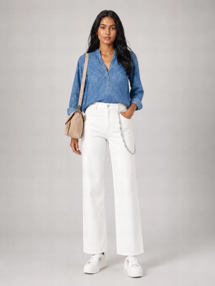 Pinko Cotton Bandana Print V-Neck Long-Sleeve Denim Shirt