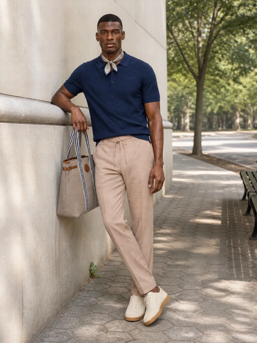 Etro navy polo beige drawstring trousers outfit
