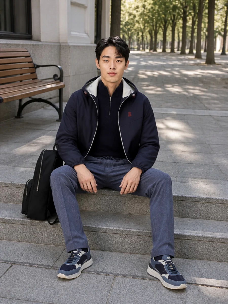 Brunello cucinelli navy travel outfit runners