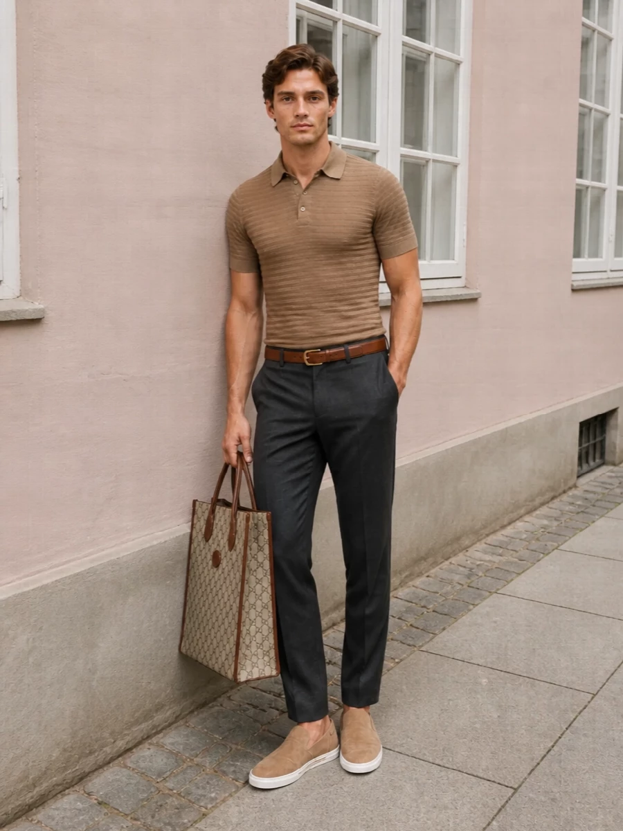 Dolce gabbana camel polo charcoal trousers outfit