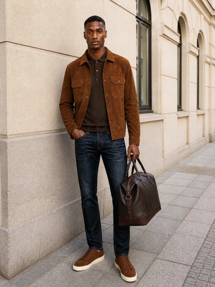 Tom ford suede jacket dark jeans sneakers outfit