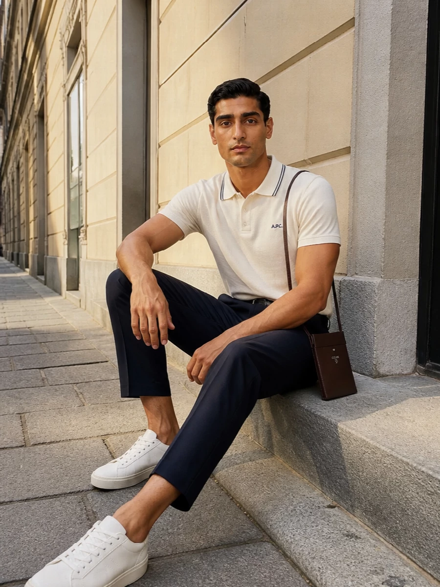 Buttercream and deep navy come together in a clean, Parisian take on smart casual, pairing the tipped polo with cropped pleated trousers for an easy, office-to-weekend uniform. Off-white leather sneakers keep things light at ground level, while the slim chocolate crossbody and woven navy belt add just enough structure and depth without disturbing the quiet palette.