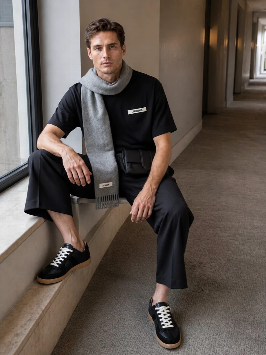 A black Jacquemus tee meets cropped wide-leg black tailoring for a clean, gallery-ready uniform that feels relaxed but sharply considered. Margiela’s low-profile sneakers keep the line modern and grounded, while the black Jacquemus belt bag and soft grey scarf add just enough function and texture without breaking the minimalist mood. It is a quiet, city-ready mix of volume and precision that slips from day to night on the same rhythm.