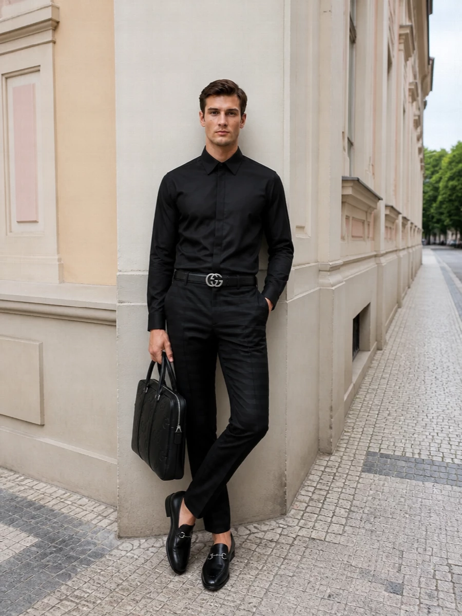 A monochrome Gucci pairing focuses on line and texture rather than contrast, with the black shirt letting the striped trouser quietly lead. Black horsebit loafers and a disciplined briefcase complete a boardroom-level ensemble that transitions cleanly into dinner without needing a change of pace.