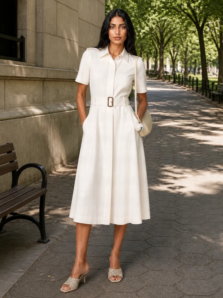Burberry ivory trench shirt dress neutral mules