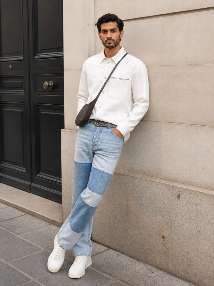 Light patchwork Gucci denim is grounded with the soft-white overshirt-style shirt, creating a crisp, tonal base that feels polished but still relaxed. Creamy, minimally detailed sneakers keep the line clean and contemporary, while the dark chocolate Bottega crossbody and grey GG belt introduce quiet depth and texture without disturbing the cool blue story. The result is a luxe, city-ready take on everyday denim that reads intentional and modern rather than over-styled.