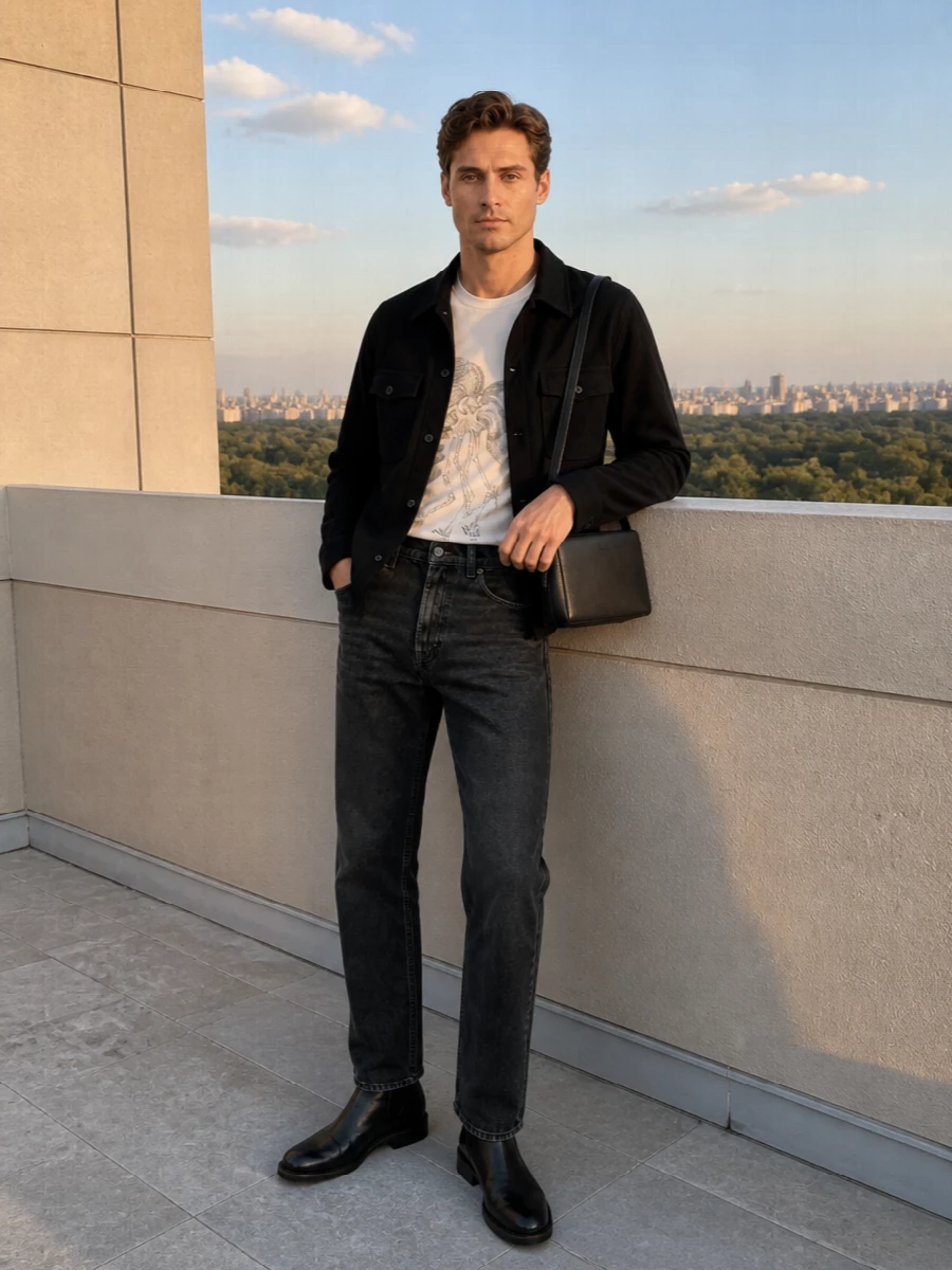 Our legacy black shirt jacket jeans boots outfit