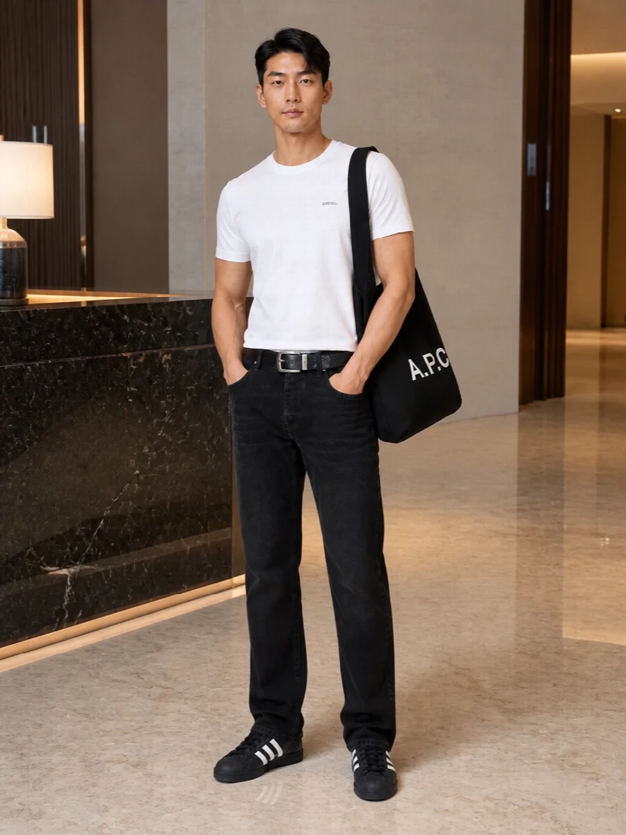 Diesel white tee black jeans adidas sneakers