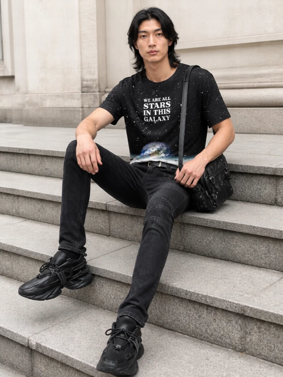 A cosmic Balmain tee sits against washed black biker trousers, keeping the whole outfit graphic, fast and focused on line. Hyper‑sculpted black sneakers and a compact moto crossbody push it firmly into futuristic street territory, with a clean Prada belt giving just enough structure. The result feels night-ready and graphic, without ever breaking the monochrome spell around that lunar print.