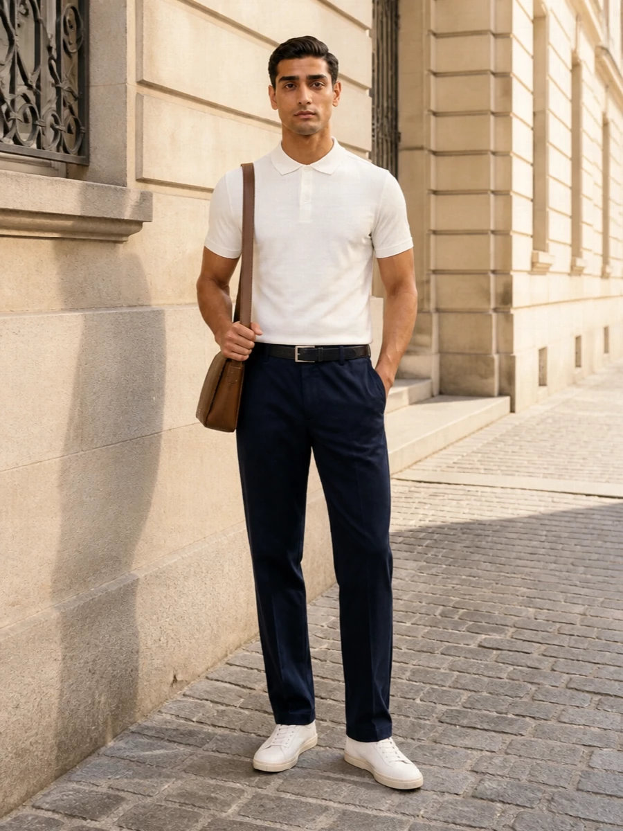 Giorgio armani white polo navy trousers outfit