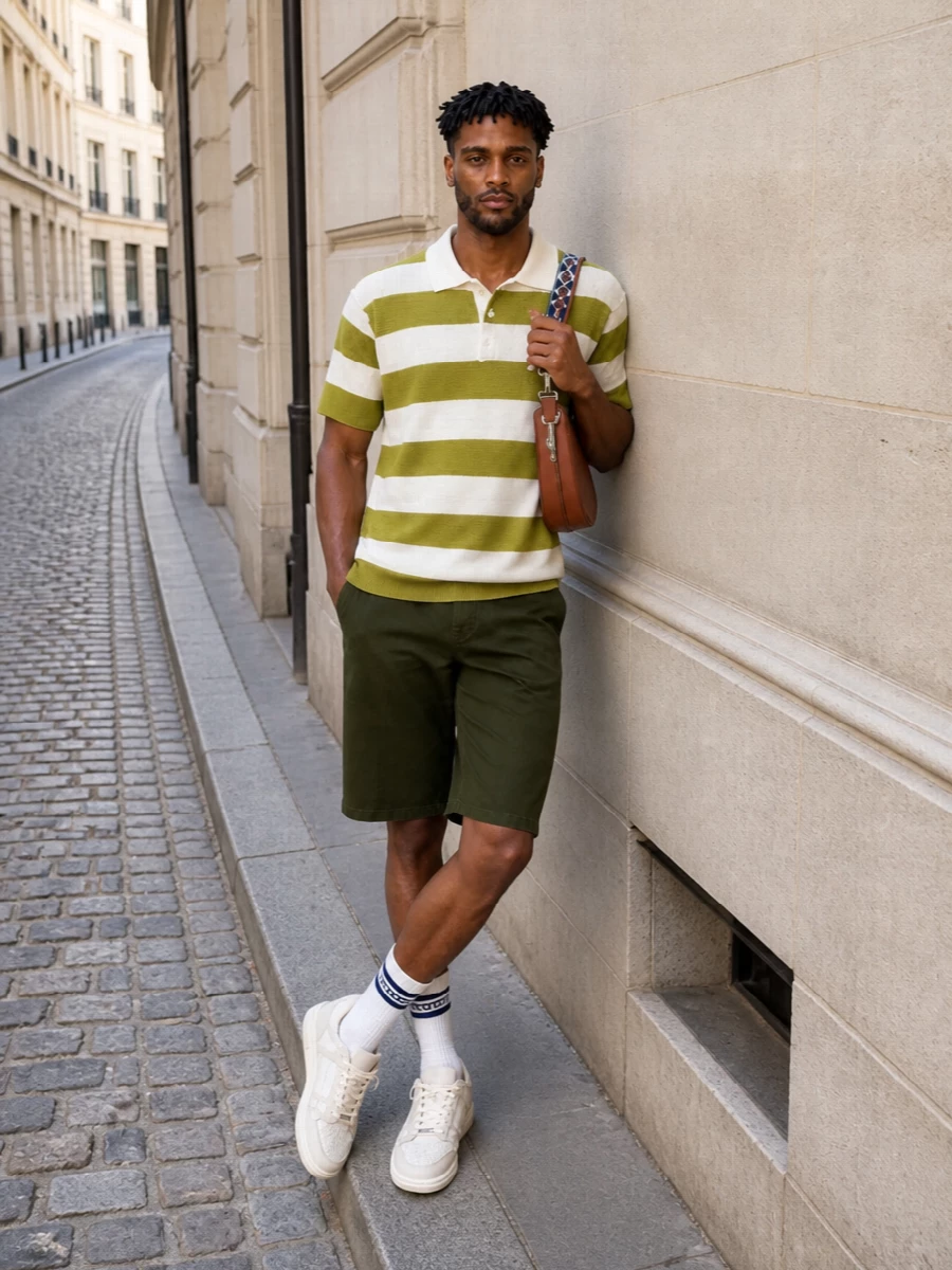 Ami paris striped polo olive bermuda outfit