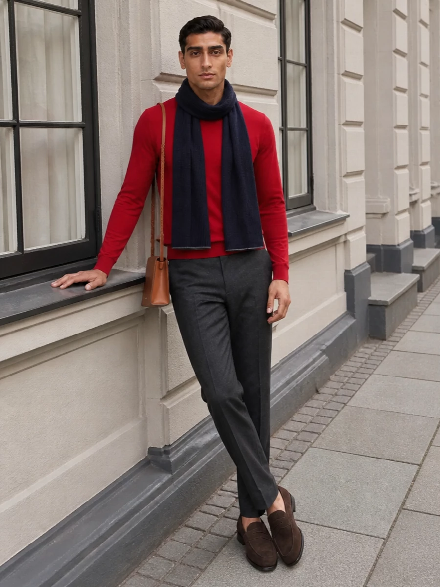 John smedley red sweater charcoal trousers outfit