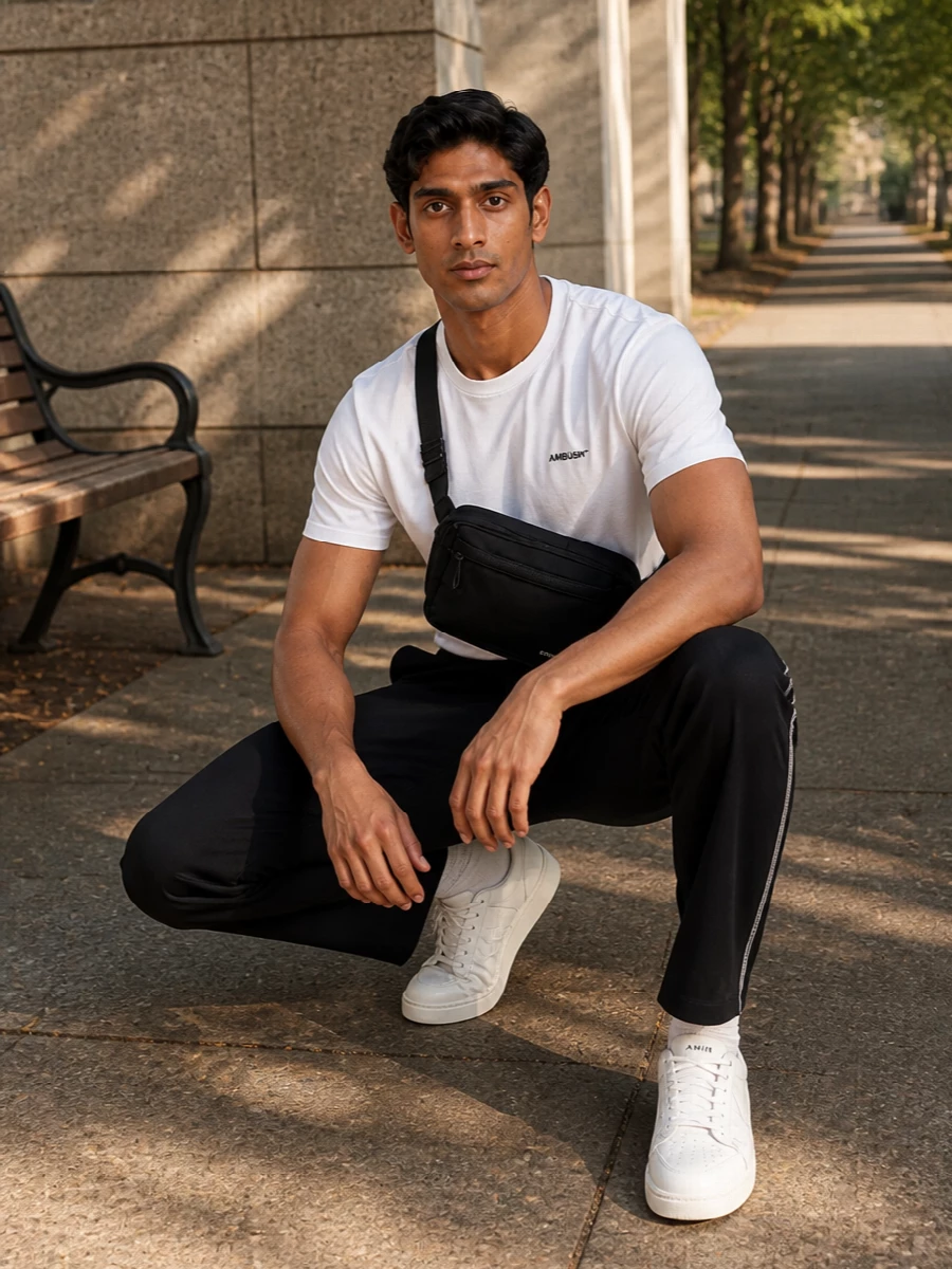 A crisp white Ambush tee sits over black straight-leg Ambush trousers for a monochrome take on relaxed city dressing. White Amiri court sneakers keep it fresh and graphic, while a black Givenchy belt bag and slim Prada belt add subtle structure and polish without disturbing the clean lines. The result is easygoing streetwear that still reads precise and quietly high end from day to night.