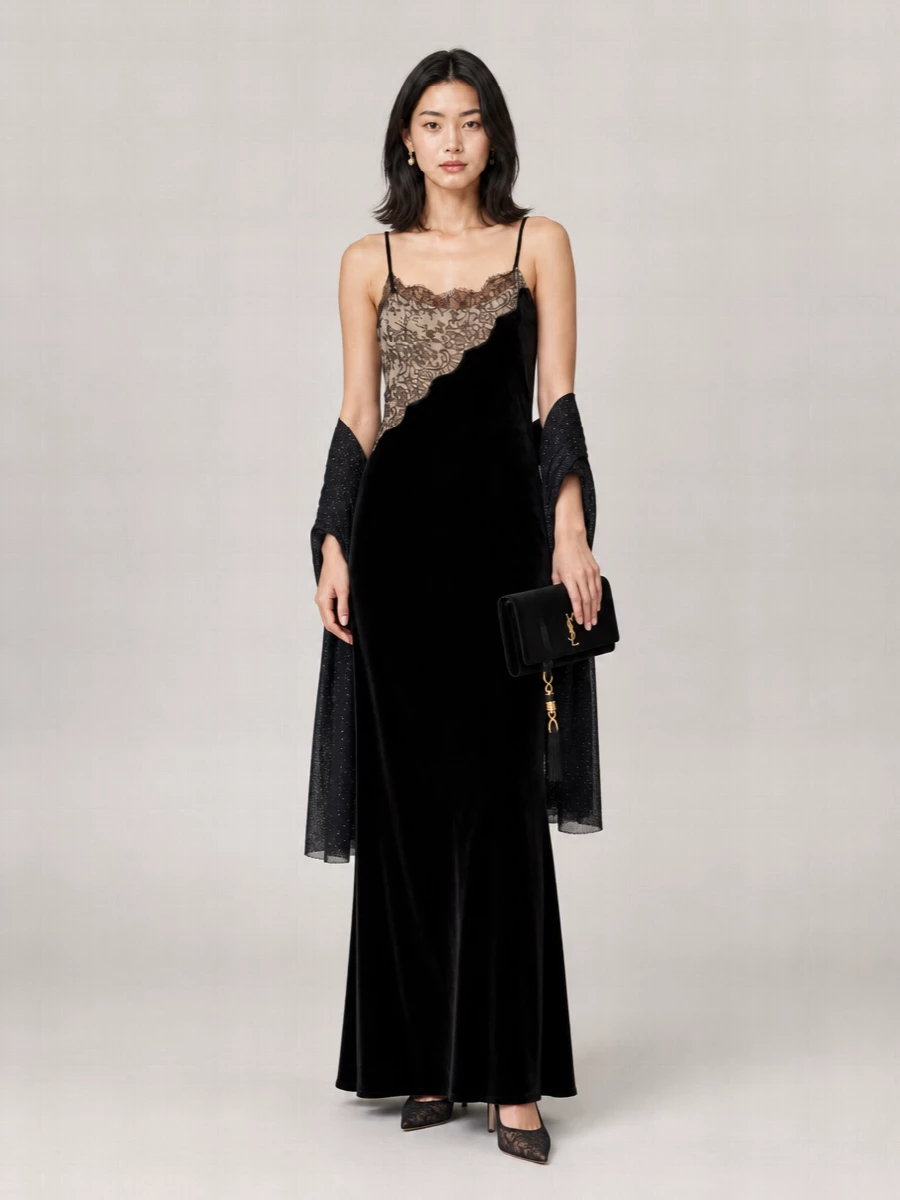 Stella Mccartney velvet lace-trimmed sleeveless v-neck maxi dress