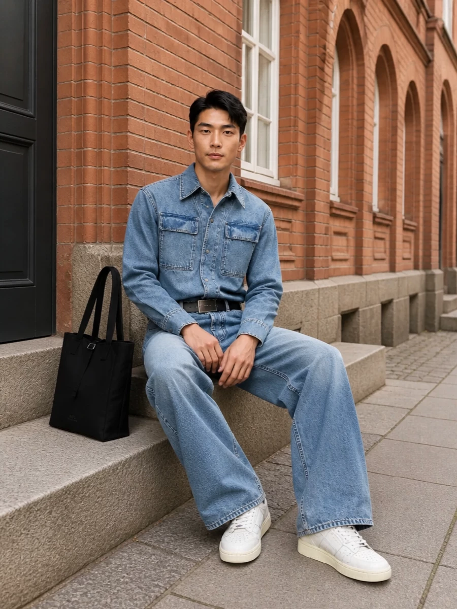 Ami wide leg jeans denim shirt amiri sneakers