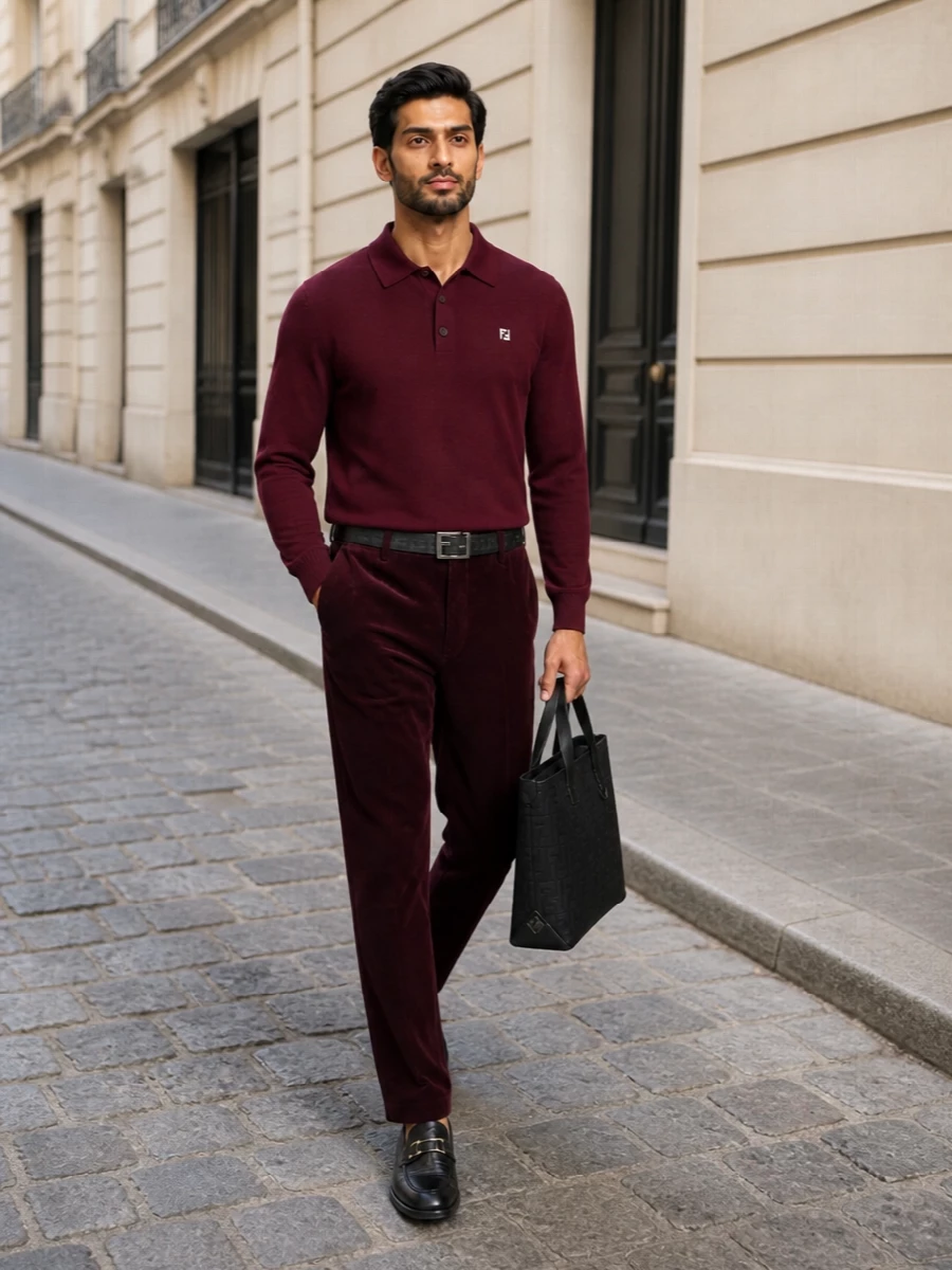 Fendi burgundy polo corduroy trousers outfit