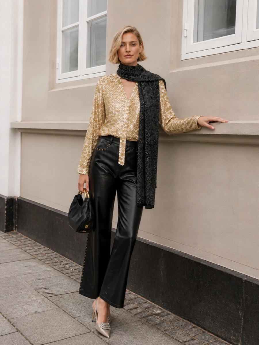 Moschino sequin blouse black studded trousers