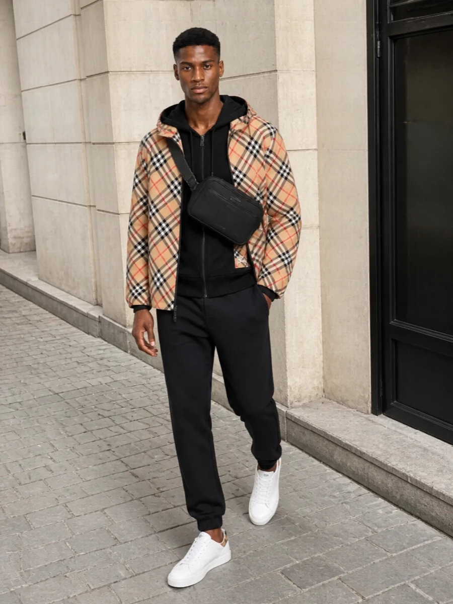 Burberry check windbreaker joggers hoodie outfit