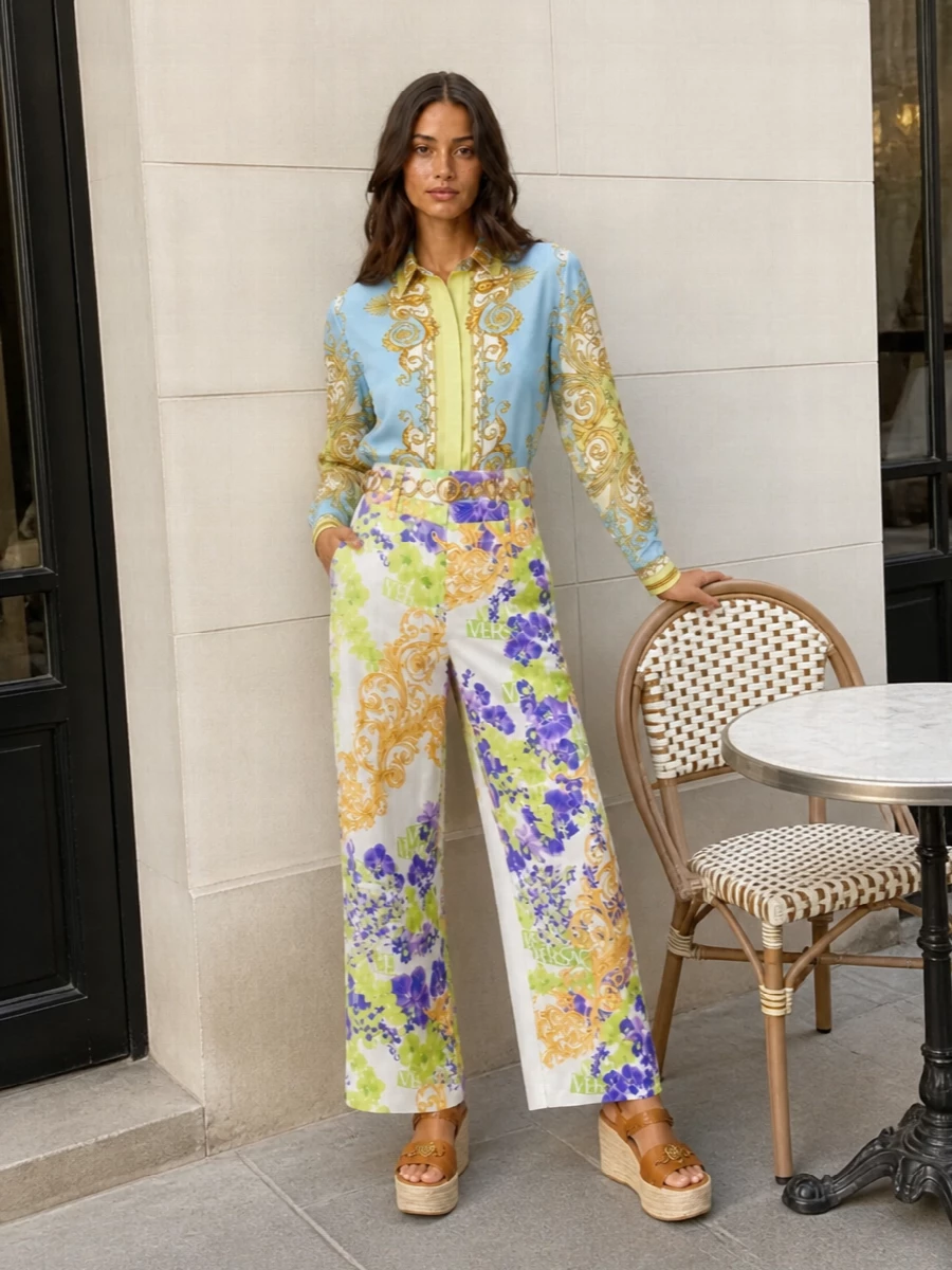 Versace baroque print shirt wide leg trouser outfit