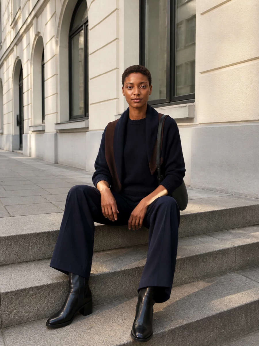 Soeur navy knit wide leg trousers boots