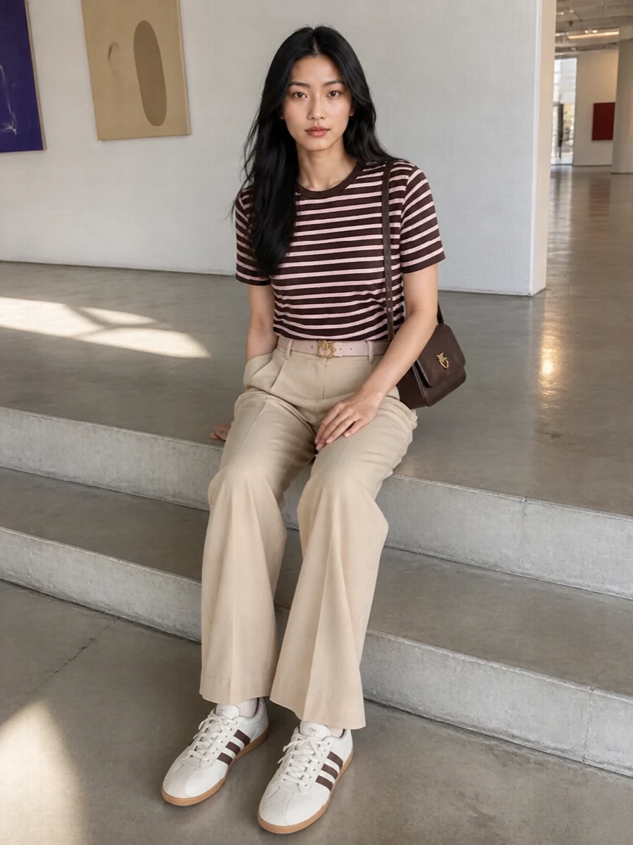 Chocolate and blush stripes meet light beige pleated trousers for a quiet, grown-up take on preppy. Off white sneakers with brown accents keep it relaxed, while the chocolate shoulder bag and blush belt gently tie the tones together. It feels easy for coffee runs, desk days and casual dinners without ever reading try-hard.