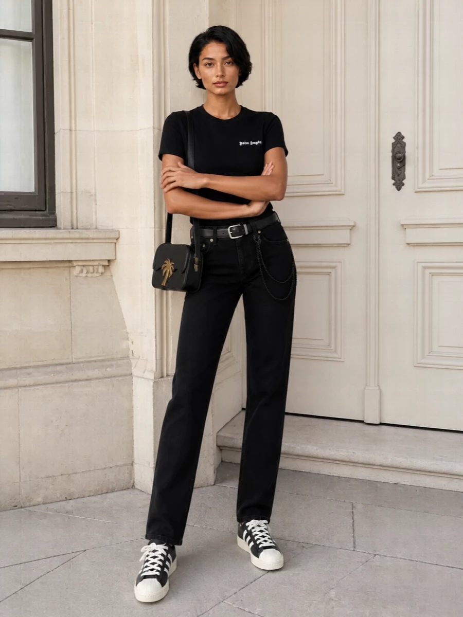 Palm angels tee black jeans adidas sneakers