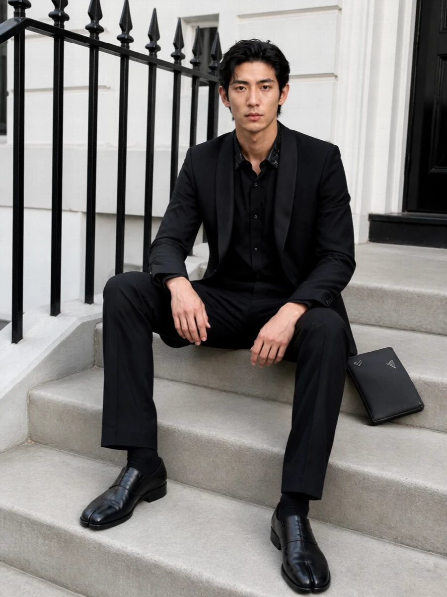 A precise black-on-black Margiela tailoring set, anchored by a shawl-lapel dinner jacket, leans into formal evenings without feeling stiff. The fluid evening shirt, sharp pleated trouser and split-toe loafer keep the silhouette clean yet quietly subversive, while a slim Prada wristlet adds just enough ceremony. It is a modern tuxedo alternative for nights where detail and cut carry the conversation.