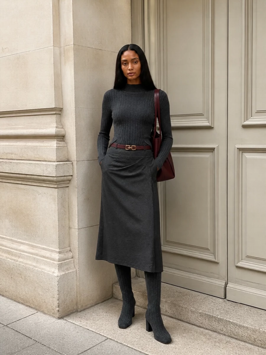 Victoria beckham charcoal midi skirt outfit
