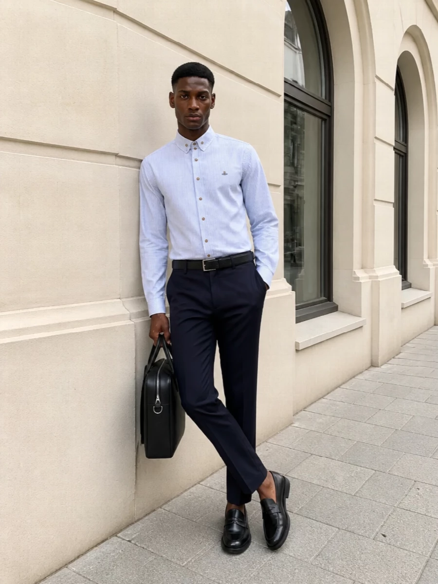 Vivienne westwood navy trousers striped shirt outfit