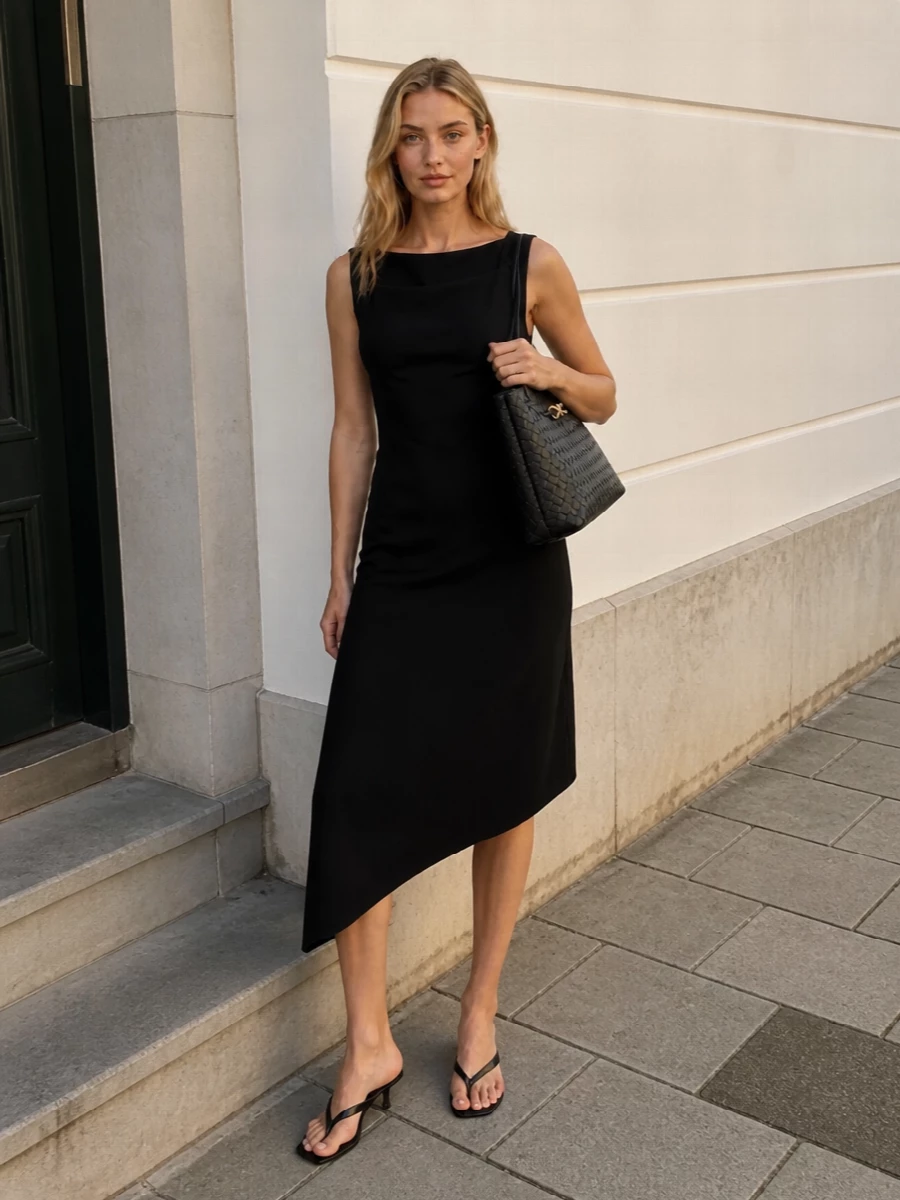 This is a monochrome Bottega evening ensemble that lets proportion and texture do the work: a sculpted black midi dress paired with razor-thin thong kitten heels. The column shape and asymmetric hem echo the sandals’ elongated line while the structured intrecciato tote adds subtle architectural detail without disturbing the minimal silhouette. I chose the dress route rather than separates to keep the mood decisively nocturnal and streamline the palette around the shoe’s sleek, city-night attitude.