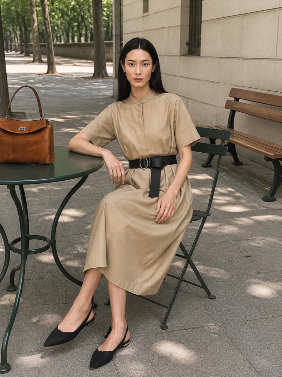 The sand-beige Jil Sander shirt dress and warm cognac Balenciaga bag form a low-key, tonal uniform that feels considered but not corporate. The belted waist and midi length keep the proportions clean, while the Aquazzura slingback flats add a slim, black accent that grounds the palette without disturbing its softness. I chose the dress route over separates to keep the mood relaxed and uninterrupted, perfect for city days that move casually from coffee to dinner.