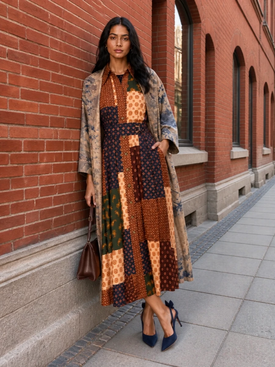 Zimmermann’s patchwork shirt dress stays center stage, framed by sharp navy slingbacks and a structured chocolate shoulder bag that echo its inky and cocoa tones. The mix reads softly bohemian yet polished enough for dinner or a gallery afternoon. Clean accessories let the print and belted A-line silhouette do the talking while keeping the palette warm and cohesive.