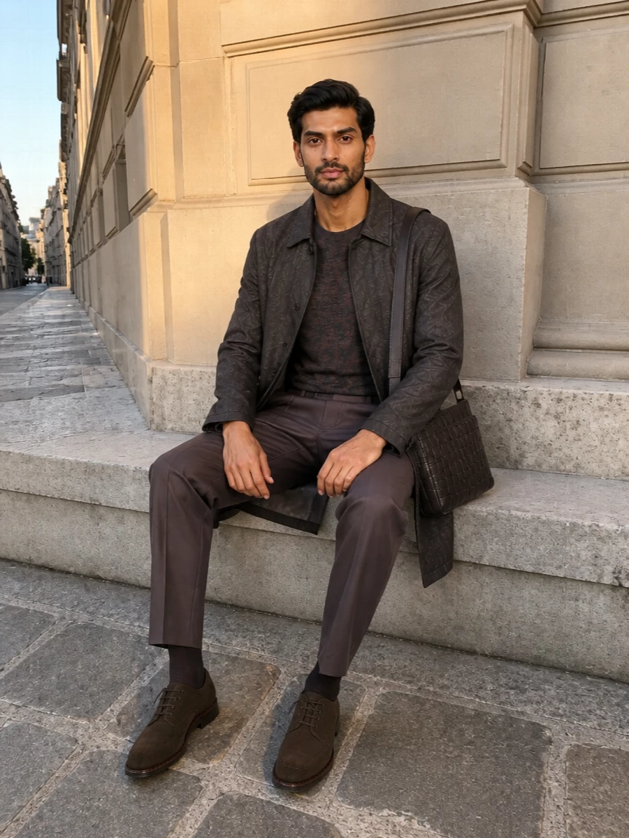 Etro coat zegna trousers suede derby outfit