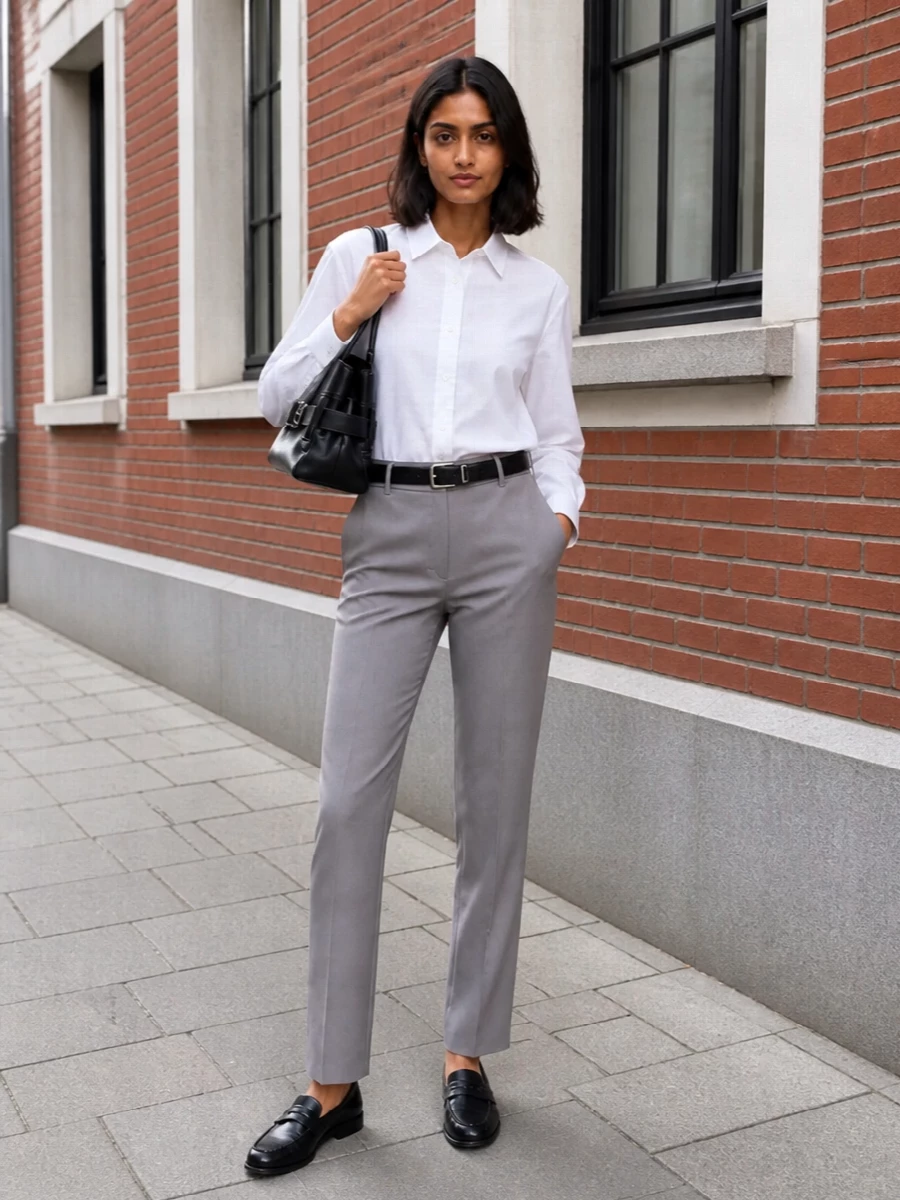 S max mara grey trousers white shirt loafers