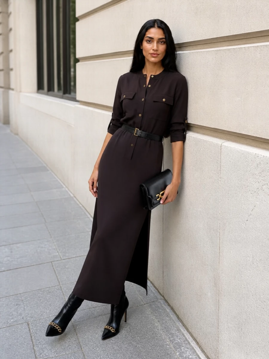 Tom ford ankle boots espresso shirt dress outfit