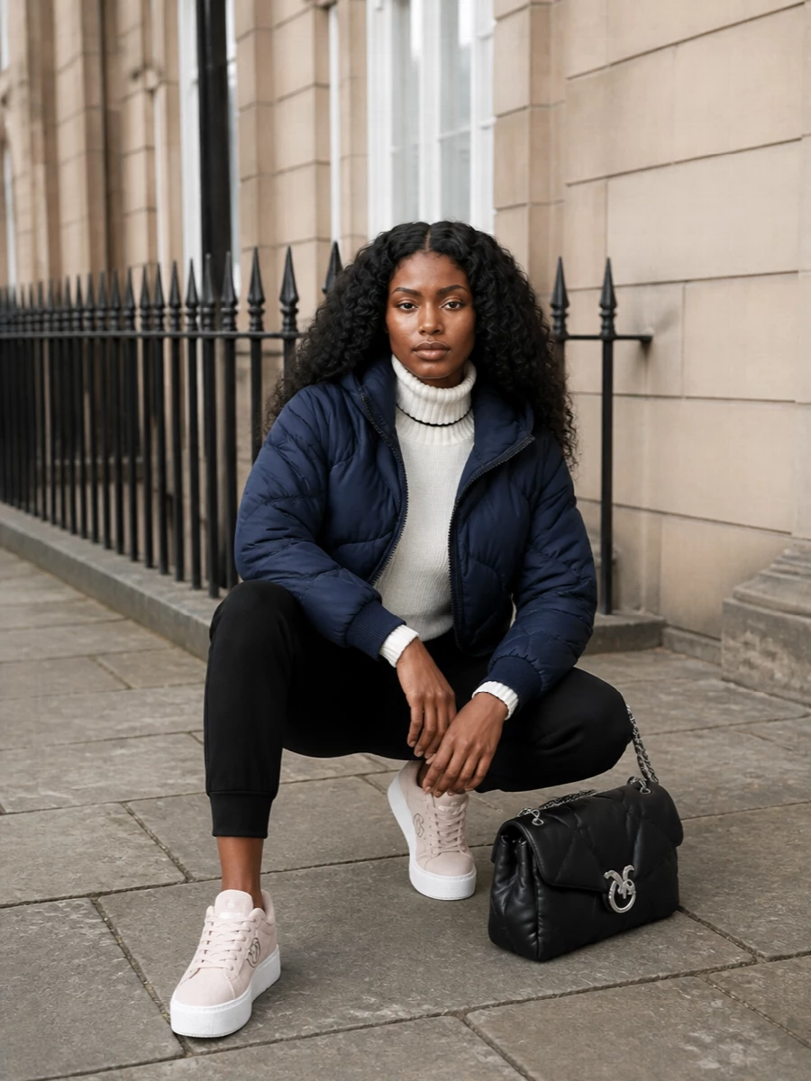I’m keeping this firmly in the city-winter, off-duty lane: a navy cocooning puffer over a clean ivory turtleneck, grounded by slim joggers and plush sneakers. The padded black shoulder bag subtly mirrors the quilting of the coat, so the textures talk to each other while the palette stays tight in navy, black and soft neutrals. A dress route would skew too evening for this outerwear, so the knit-and-jogger base keeps the attitude sporty and believable for real cold-weather days.