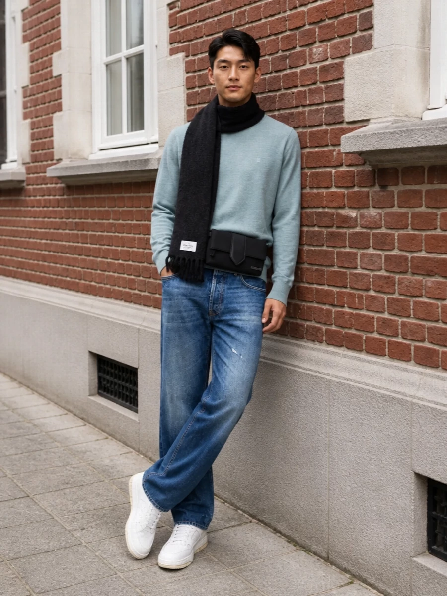 Acne studios jeans blue sweater arigato sneakers