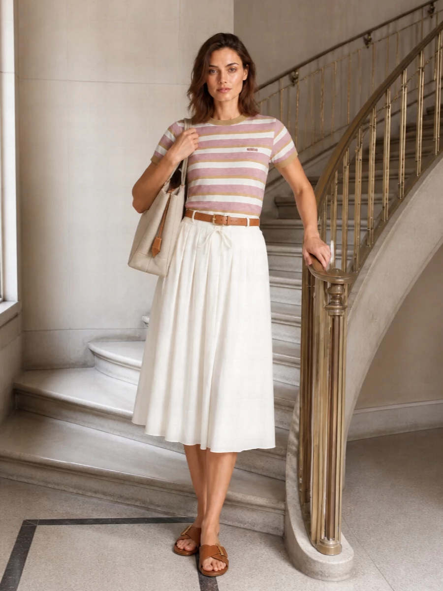 The look leans into a soft Riviera-preppy mood: the dusty-rose striped tee is grounded by the crisp ivory pleated mini for a clean, light silhouette. Tan leather accents at the belt, slides and structured canvas tote pull out the camel tones in the knit, creating a cohesive, quietly luxurious summer uniform that feels polished yet easy for city or coastal days alike.