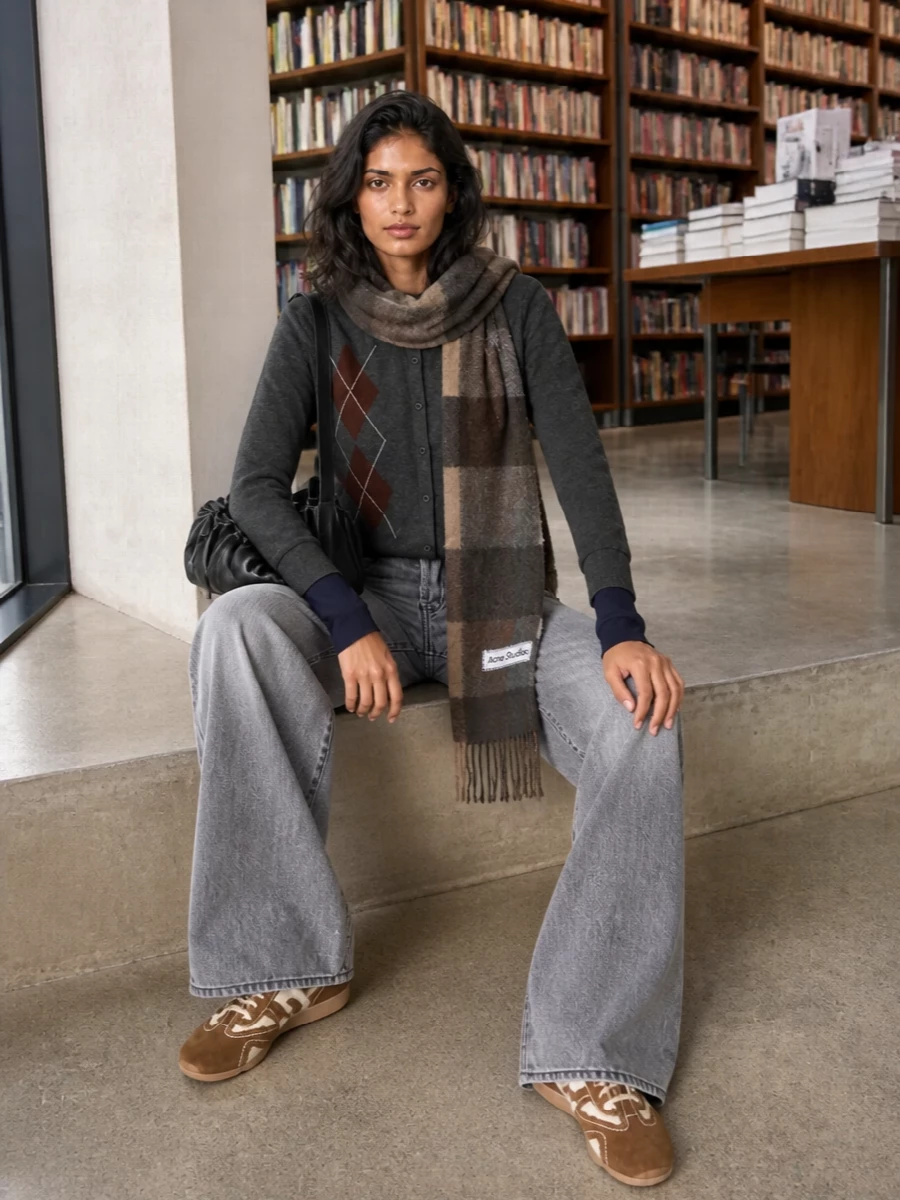 Acne argyle cardigan wide leg grey jeans